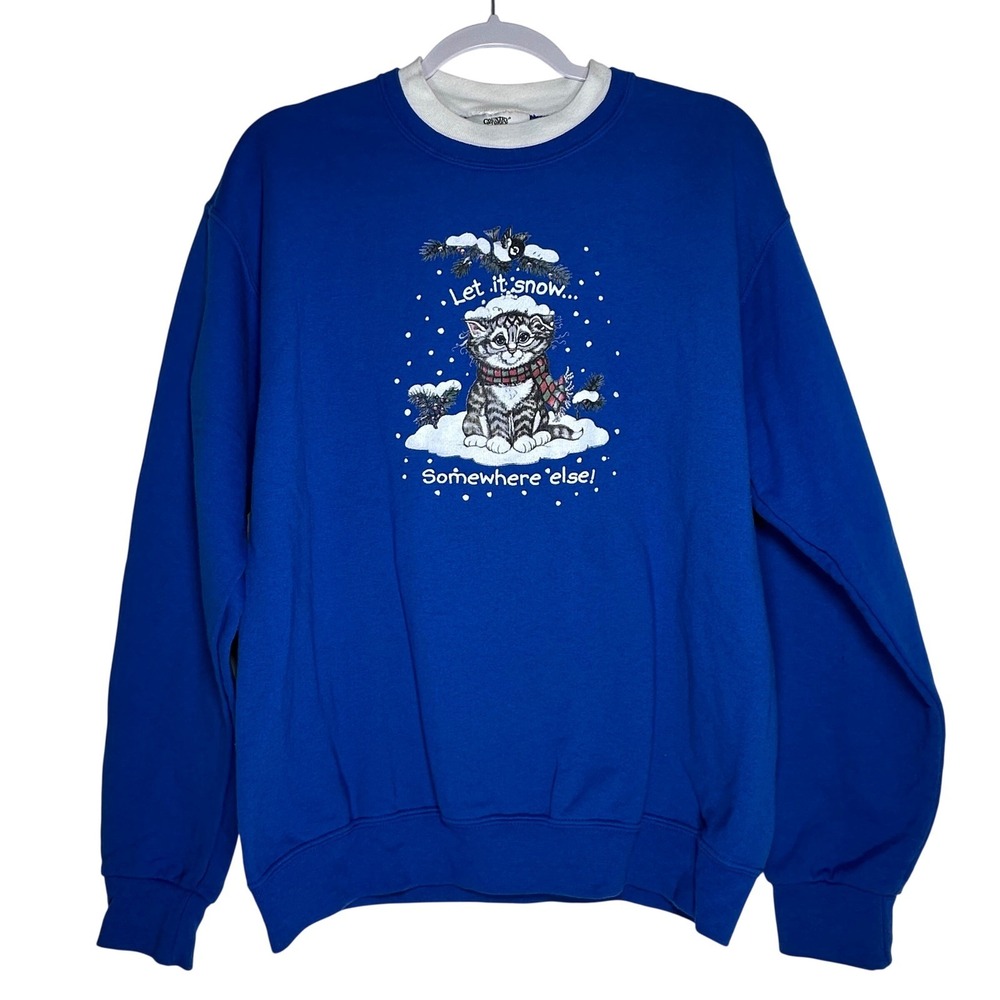 Country Store Blue Cat Let It Snow Somewhere Else winter Sweatshirt M